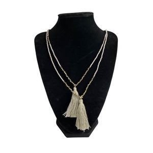 2 Strand White and Gold Tone Womens Beaded Necklace with Off White Tassels